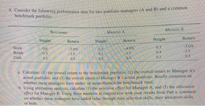  9. Consider the following performance data for two portfolio managers (A