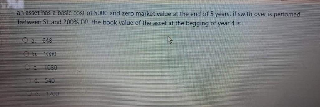 an asset has a basic cost of 5000 and zero market