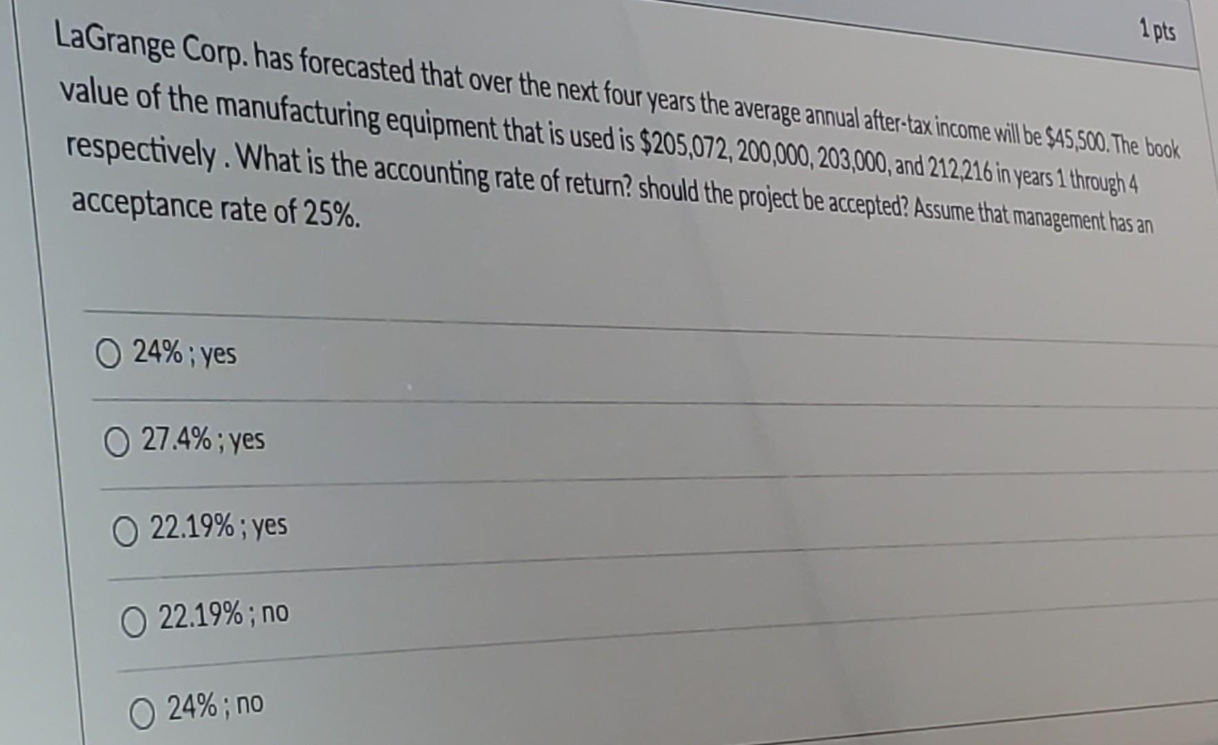 1 pts LaGrange Corp. has forecasted that over the next four