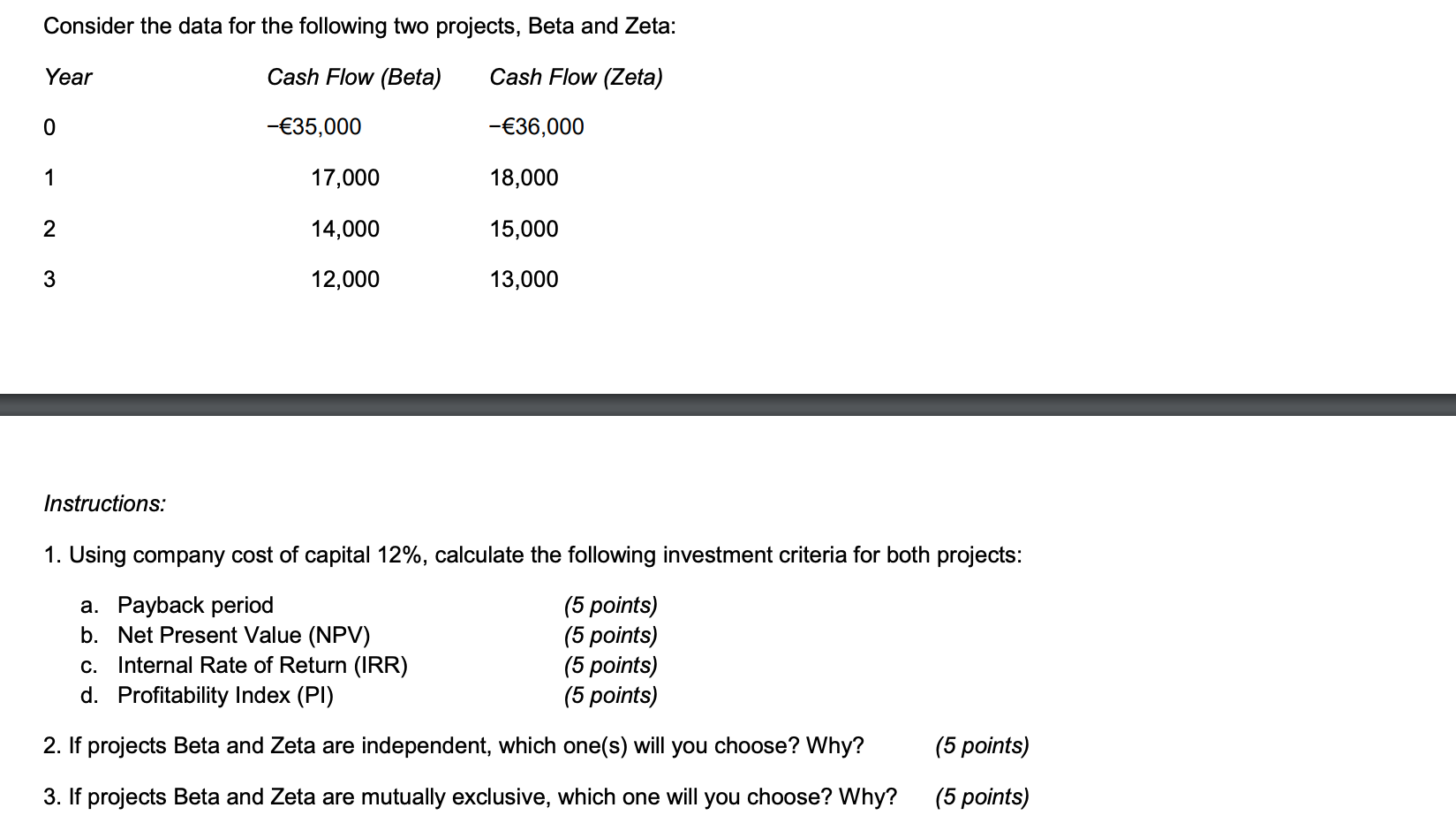  Consider the data for the following two projects, Beta and Zeta: