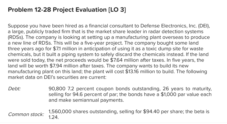  Problem 12-28 Project Evaluation (LO 3] Suppose you have been hired
