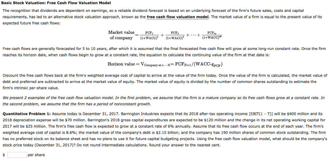  Basic Stock Valuation: Free Cash Flow Valuation Model The recognition that