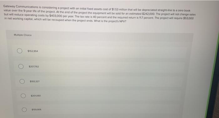  Gateway Communications is considering a project with an initial fixed assets