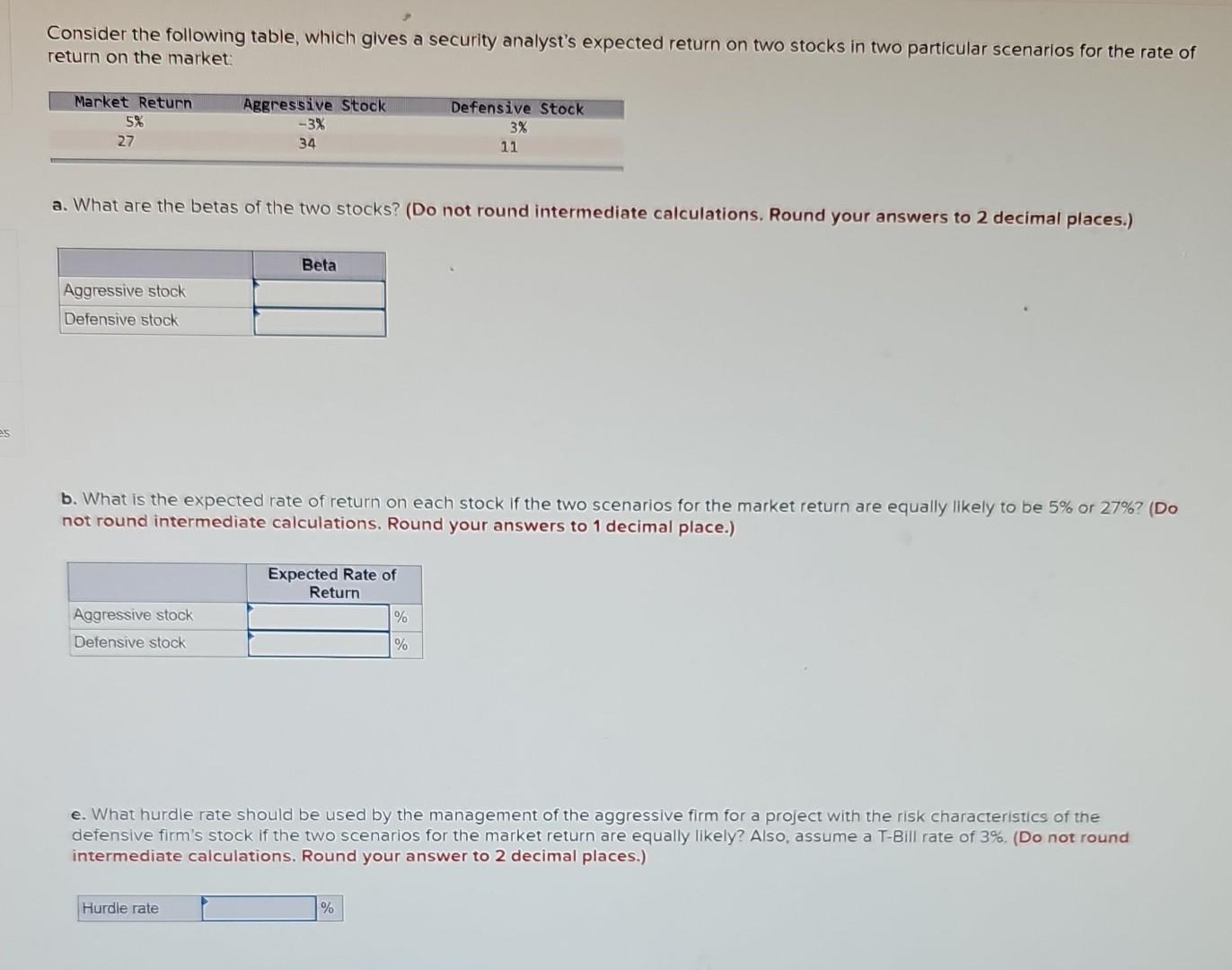  Consider the following table, which gives a security analyst's expected return