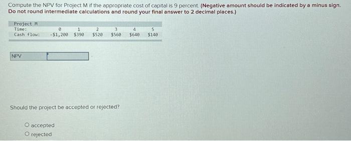  Compute the NPV for Project M if the appropriate cost of