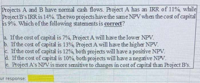  Projects A and B have normal cash flows. Project A has
