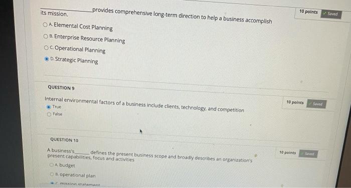  10 points Saved _provides comprehensive long-term direction to help a business