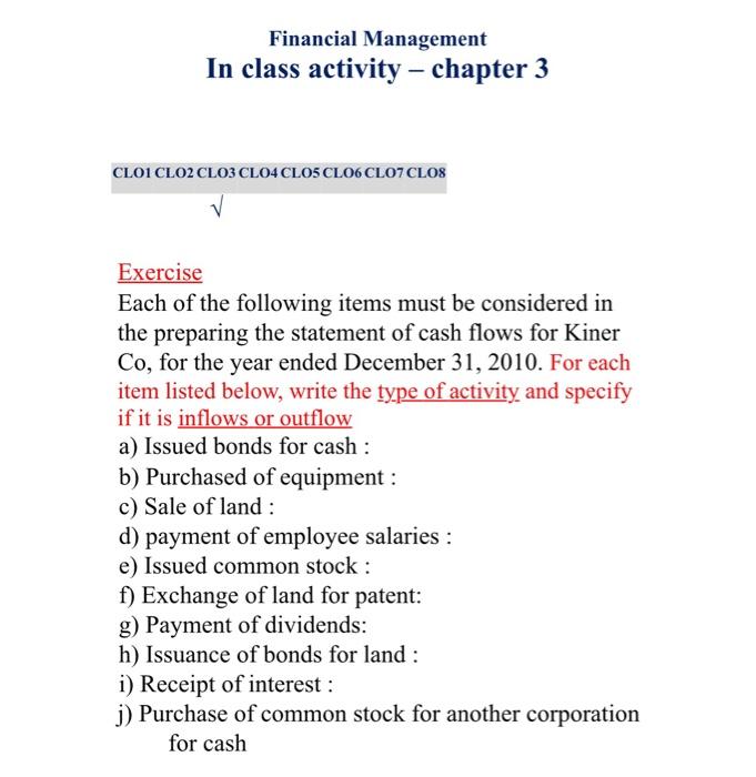  Financial Management In class activity - chapter 3 CLOI CLO2 CLO3