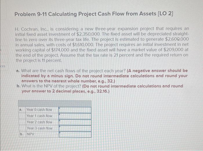  Problem 9-11 Calculating Project Cash Flow from Assets [LO 2] H.