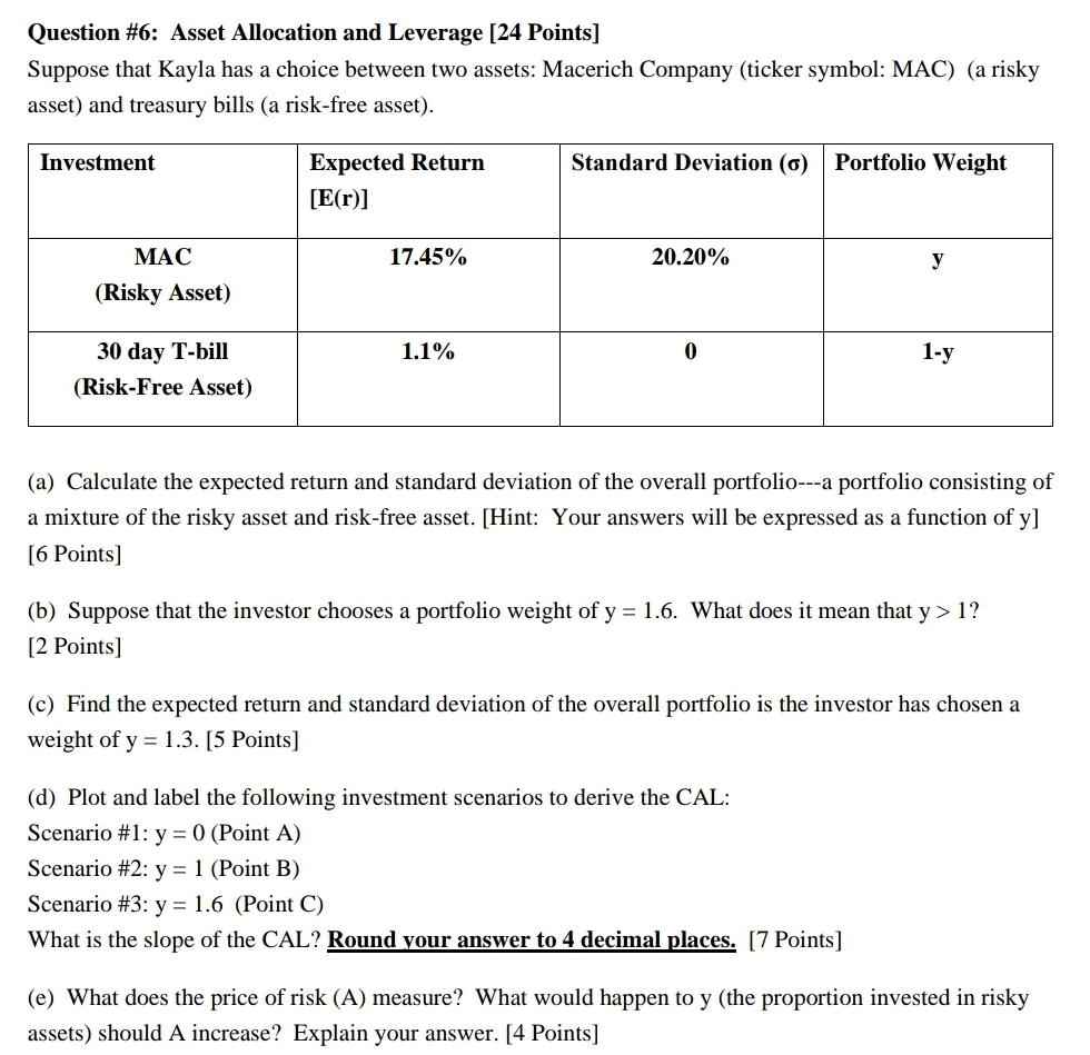  Question #6: Asset Allocation and Leverage (24 Points] Suppose that Kayla