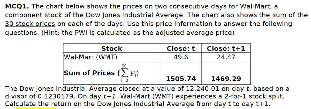  MCQ1. The chart below shows the prices on two consecutive days