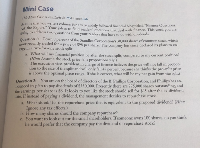 Mini Case This Mini Case is available in MyFinance Lab, Assume