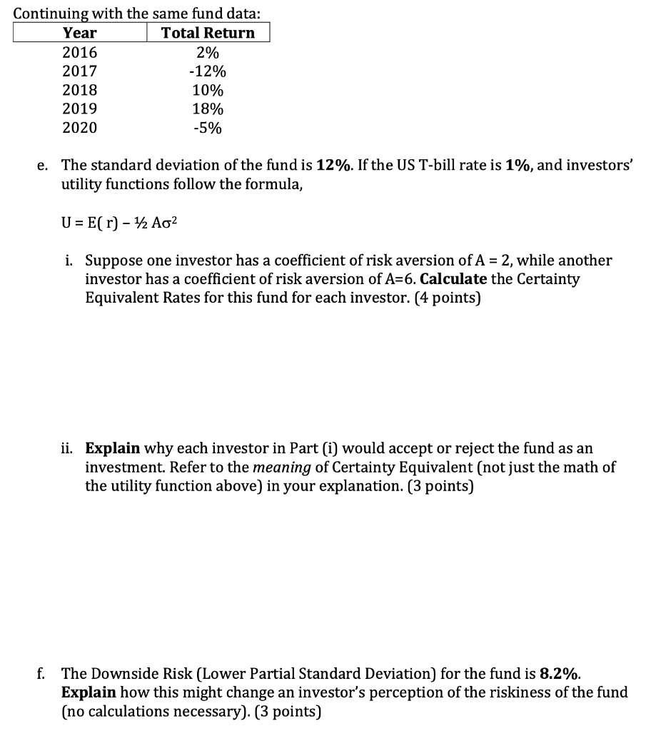  Continuing with the same fund data: Year Total Return 2016 2%