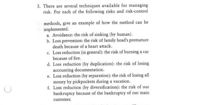  3. There are several techniques available for managing risk. For each