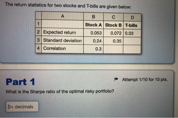  The return statistics for two stocks and T-bills are given below:
