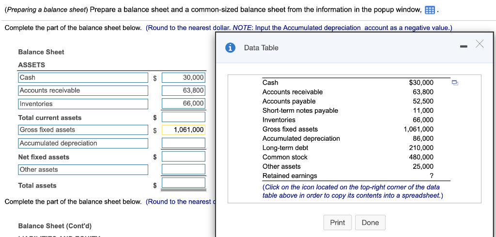 (Preparing a balance sheet) Prepare a balance sheet and a common-sized