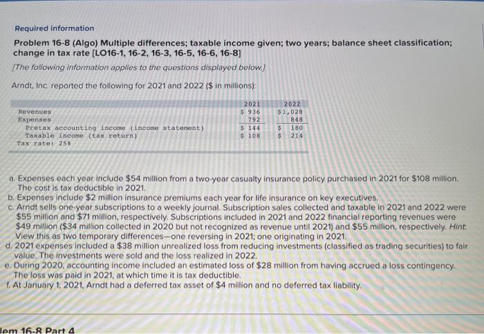  Required information Problem 16-8 (Algo) Multiple differences; taxable income given; two