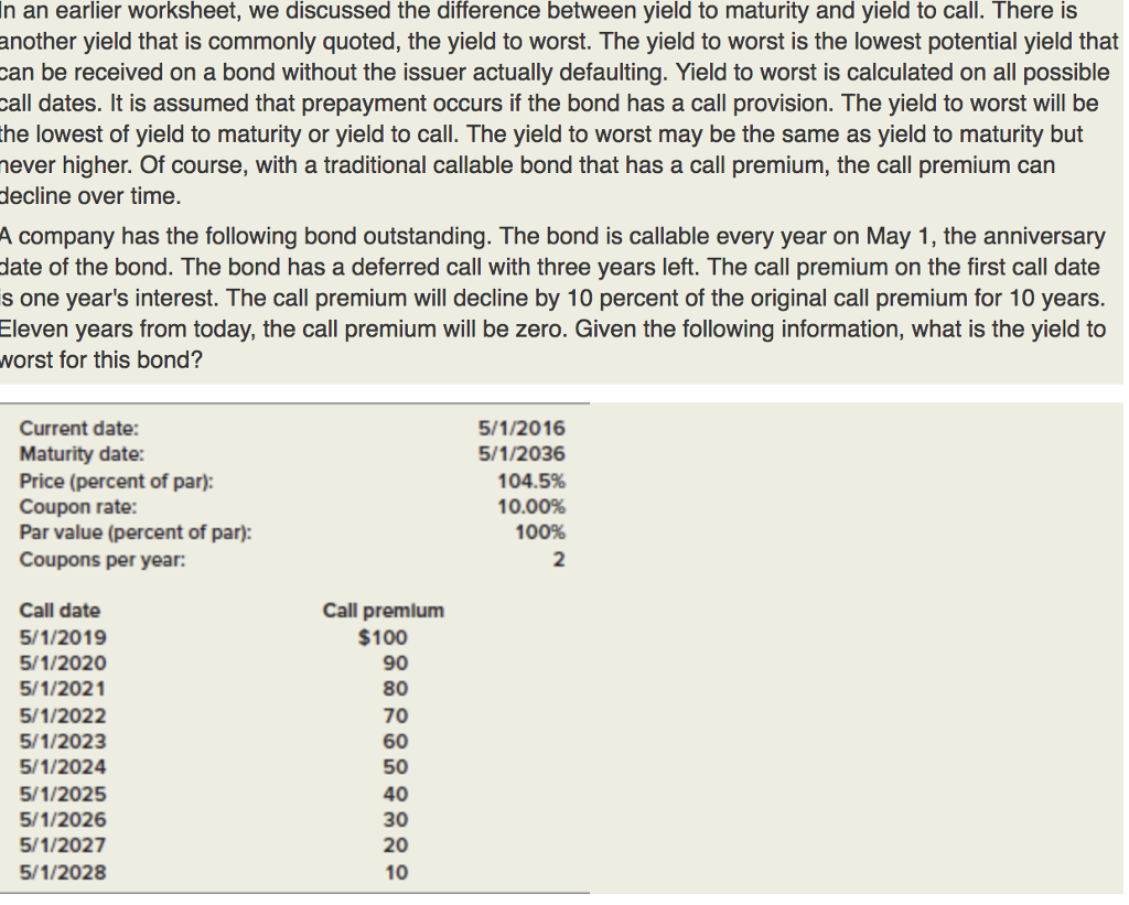 Please show all work in excel spreadsheet! In an earlier worksheet, we
