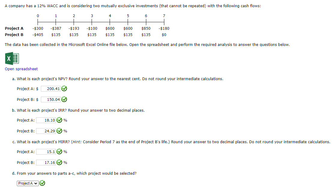 a. What is each project's NPV? Round your answer to the