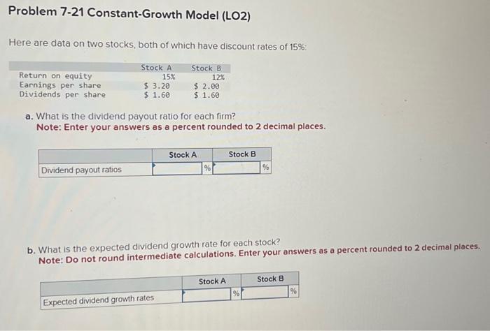  Problem 7-21 Constant-Growth Model (LO2) Here are data on two stocks,