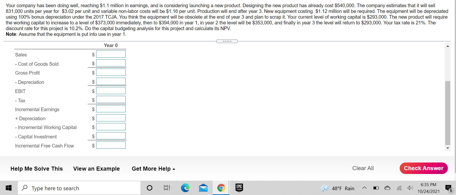 The problem requires the table be filled out for Years 0 1