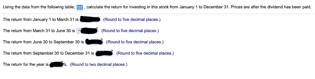 Using the data from the following table, B. calculate the return