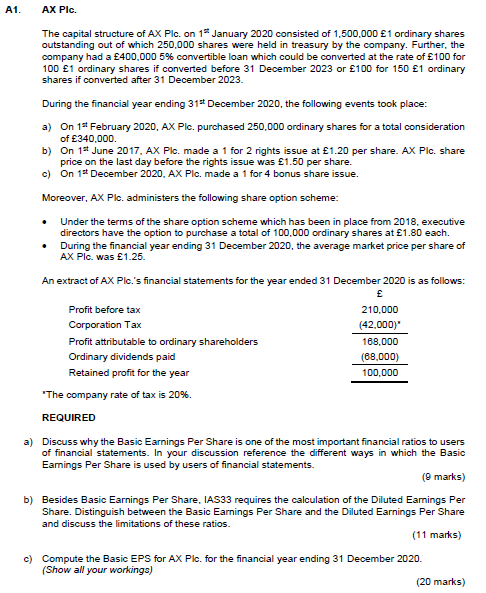 Please answer question C A1. AX Plc. The capital structure of