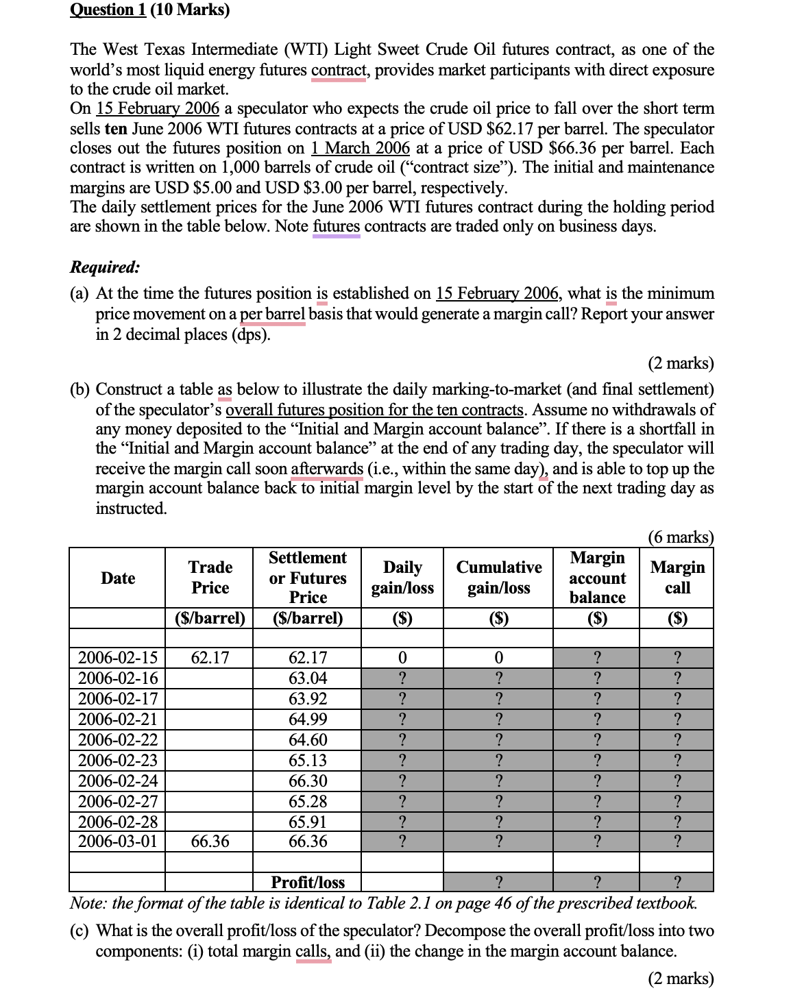  Question 1(10 Marks) The West Texas Intermediate (WTI) Light Sweet Crude