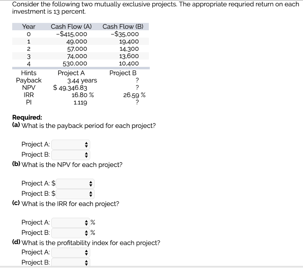 Consider the following two mutually exclusive projects. The appropriate requried return