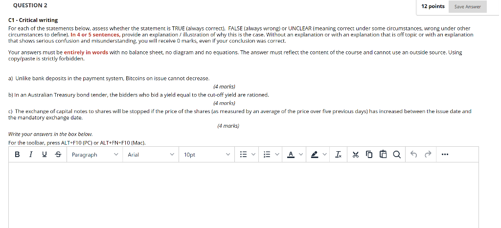  QUESTION 2 12 points Save Answer C1 - Critical writing For