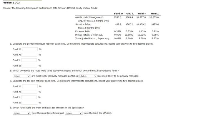  Problem 11-03 Consider the following trading and performance data for four