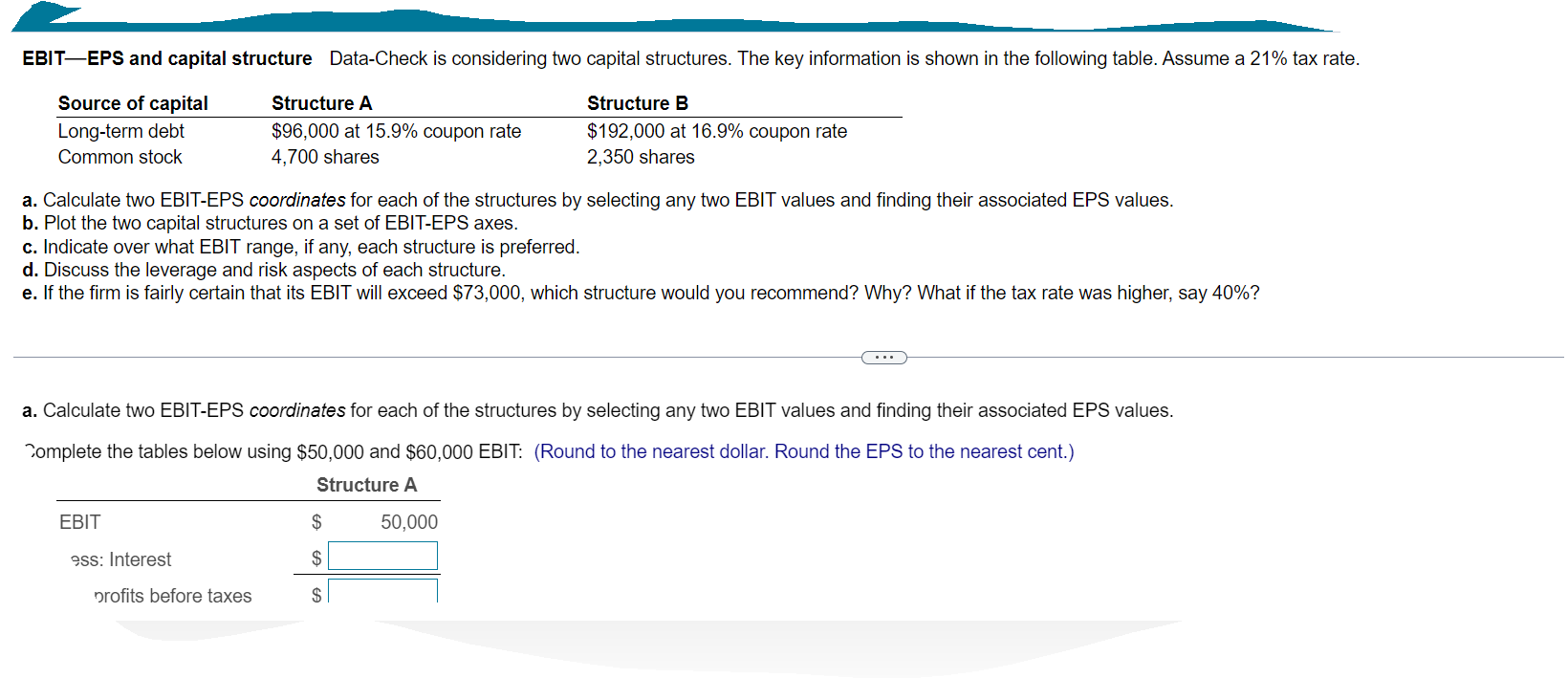 EBITEPS and capital structure Data-Check is considering two capital structures. The