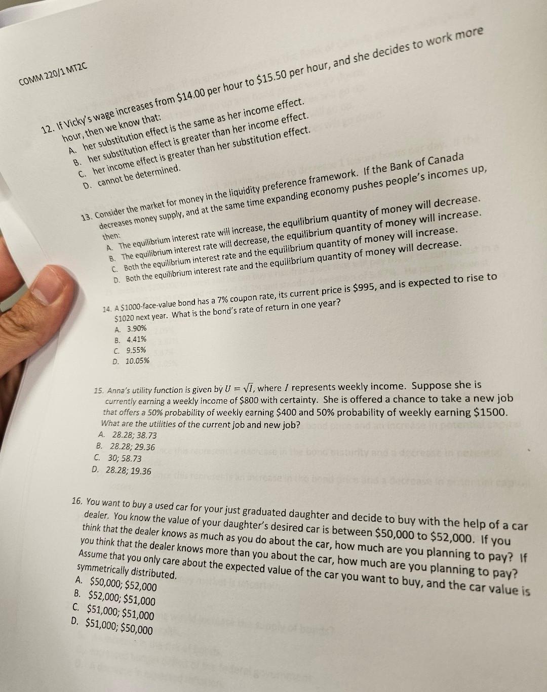  COMM 22011MT2C 12. If Vick's wage increases from $14.00 per hour