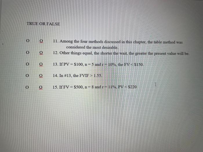  TRUE OR FALSE 0 0 11. Among the four methods discussed