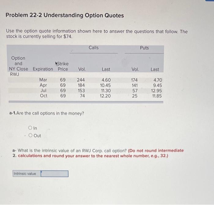  Problem 22-2 Understanding Option Quotes Use the option quote information shown