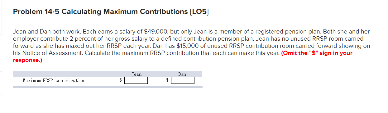  Problem 14-5 Calculating Maximum Contributions [LO5] Jean and Dan both work.
