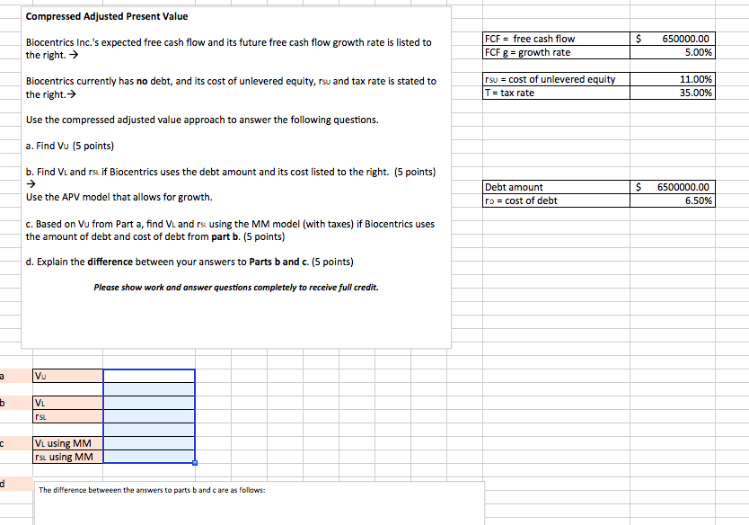 Compressed Adjusted Present Value Biocentrics Inc.'s expected free cash flow and