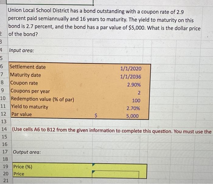 i need the excel formula please Union Local School District has a