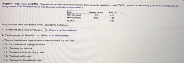  Integrative Risk, return, and CAPM You collected the below information on