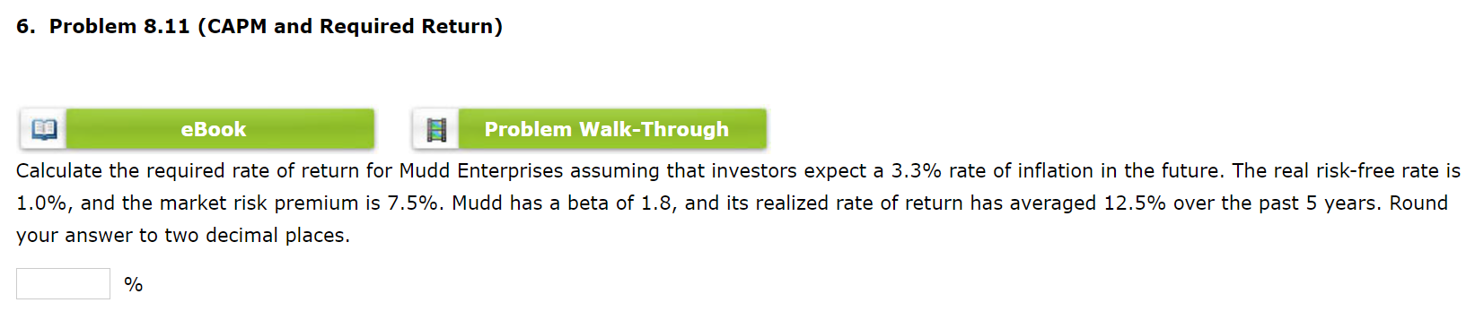  6. Problem 8.11 (CAPM and Required Return) eBook Problem Walk-Through Calculate