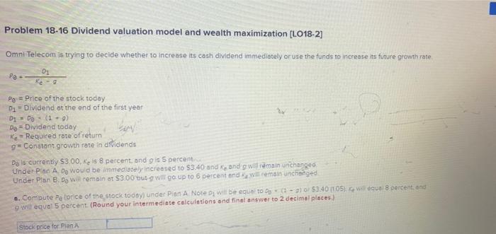  Problem 18-16 Dividend valuation model and wealth maximization (L018-2] Omni Telecom