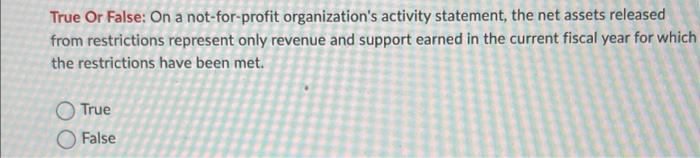  True Or False: On a not-for-profit organization's activity statement, the net