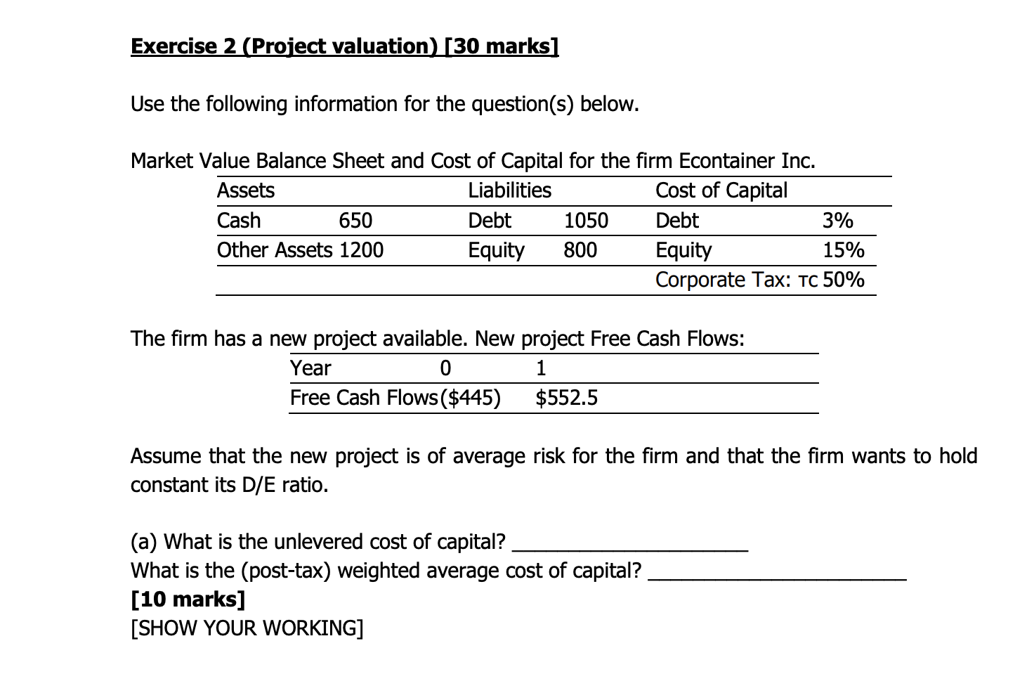  Exercise 2 (Project valuation) [30 marks] Use the following information for