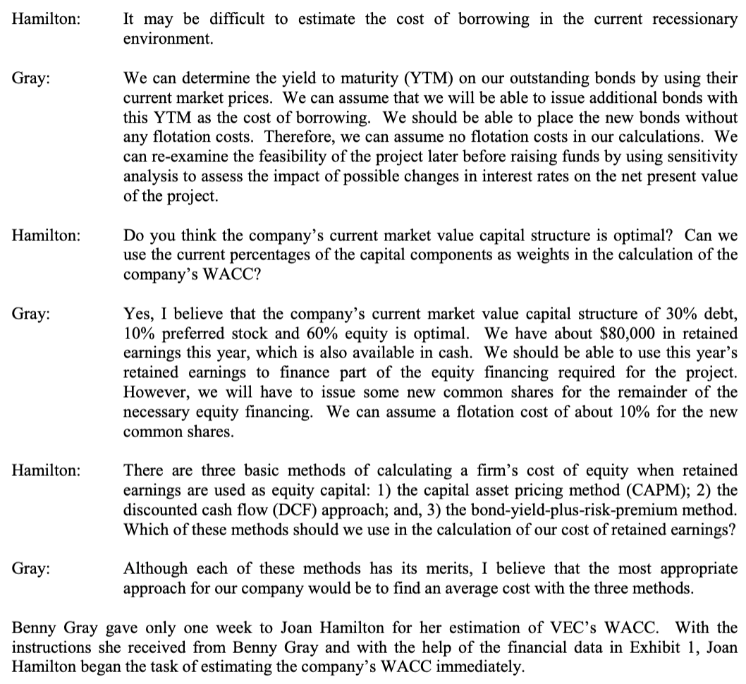 Calculate VECs WACC using the data in Exhibit 1. Hamilton: It may