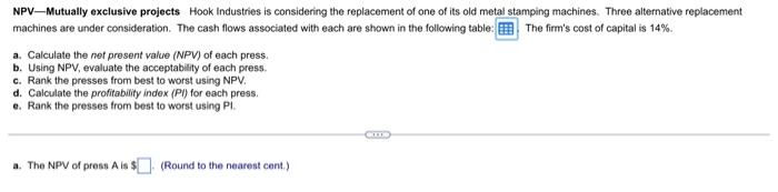 please answer this NPV-Mutually exclusive projects Hook Industries is considering the replacement