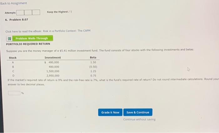  Back to Assignment Attempts Keep the Highest/1 6. Problem 8.07 Click