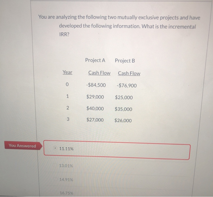  You are analyzing the following two mutually exclusive projects and have