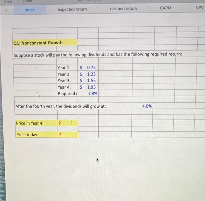 what is the excel equation for the answer?? View Zoom expected return