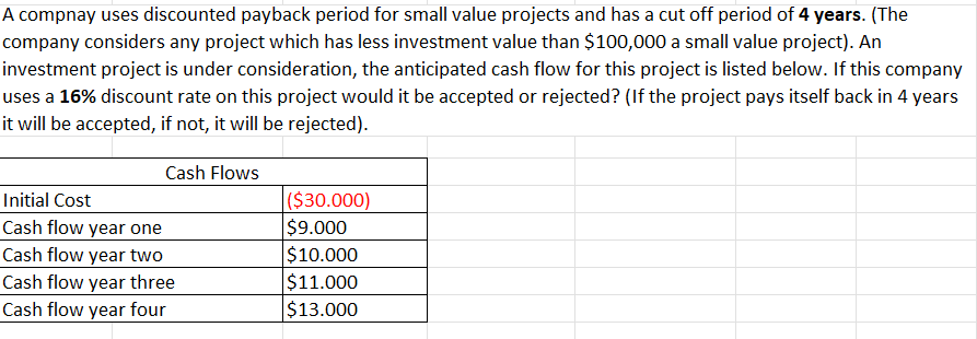  A compnay uses discounted payback period for small value projects and