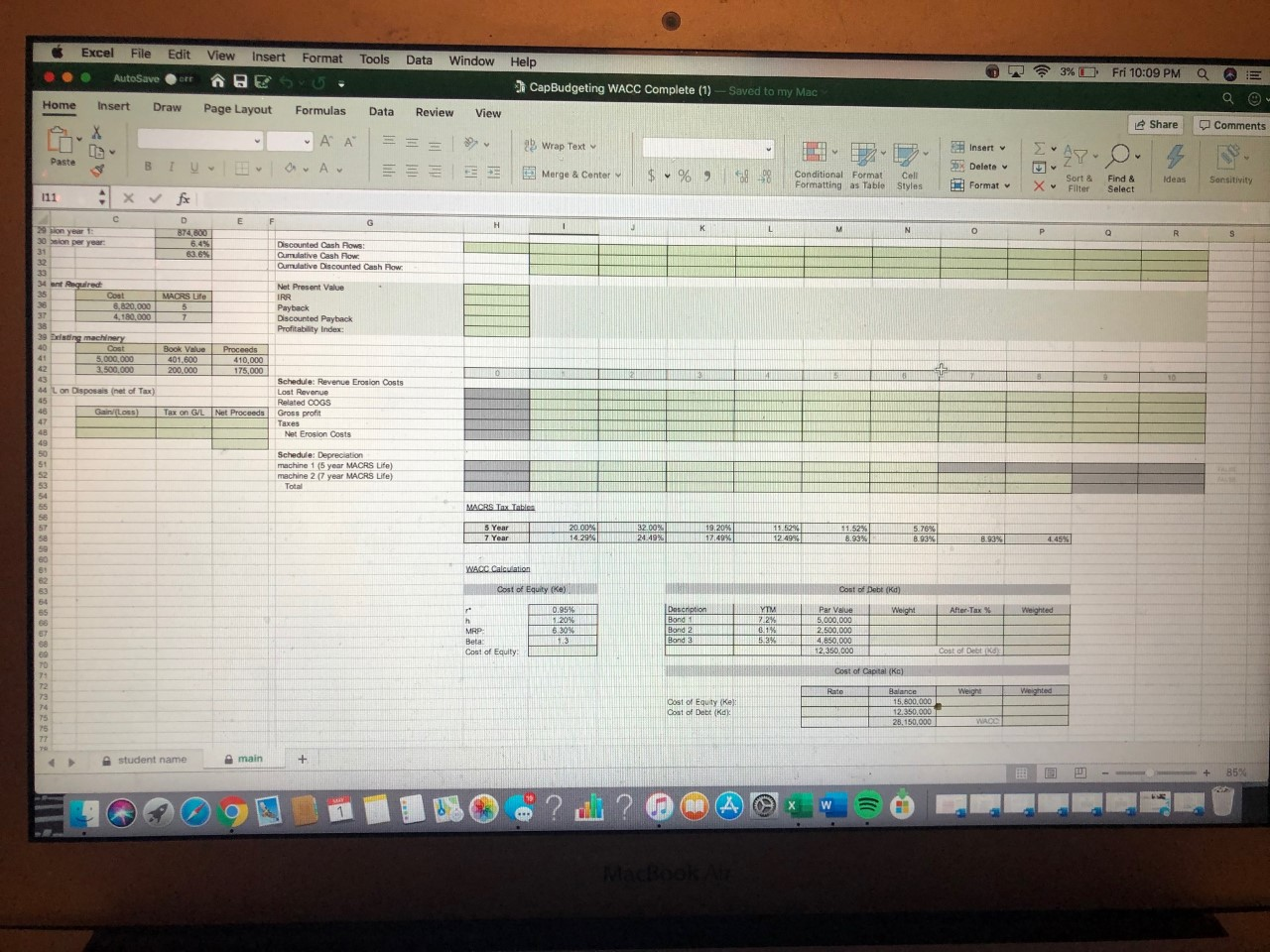 10:09 PM a Excel File Edit AutoSaver Help CapBudgeting WACC Complete (1)
